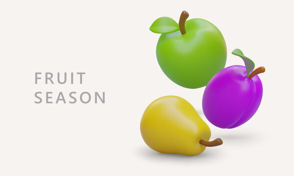 Fruit season. Advertising concept with 3D plum, apple, pear. Ripe sweet fruits. Vector banner for grocery store, fair, market. Header for product section