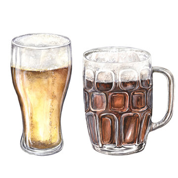 Set Glass and mug of beer with foam. Watercolor illustration isolated on transparent background. Designed for printing postcards, menus, prints