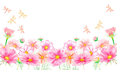 Obraz na płótnie Canvas コスモスの花とトンボの水彩ボタニカルフレーム 