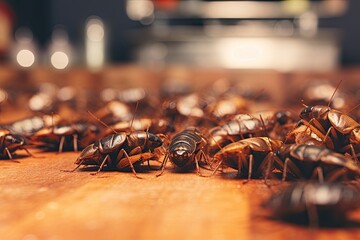close-up of a lot of cockroaches infesting a house. Germanic cockroach and blatta orientalis, commonly known as the cockroach sign of dirt and filth, are widespread. AI-generated.