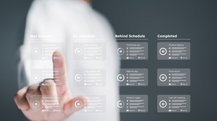 Developer touching virtual interface. Planner software, Development, project management using task or responsible methodology boards on screen. Process, workflow, task list, due date framework tool.