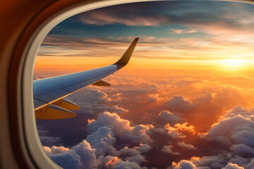 Wing of an airplane flying above the clouds at sunset, view from the window. Travel content. Generative AI. - obrazy, fototapety, plakaty