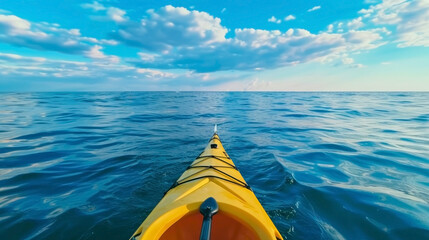Kayak in the sea on a background of blue sky with clouds. Travel content. Generative AI.