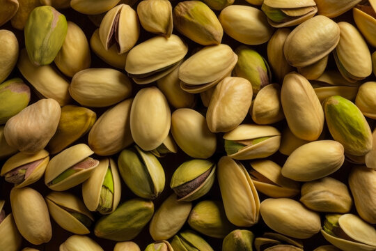 Pistachio nuts background. Pistachio is a healthy vegetarian protein nutritious food. Generative AI.
