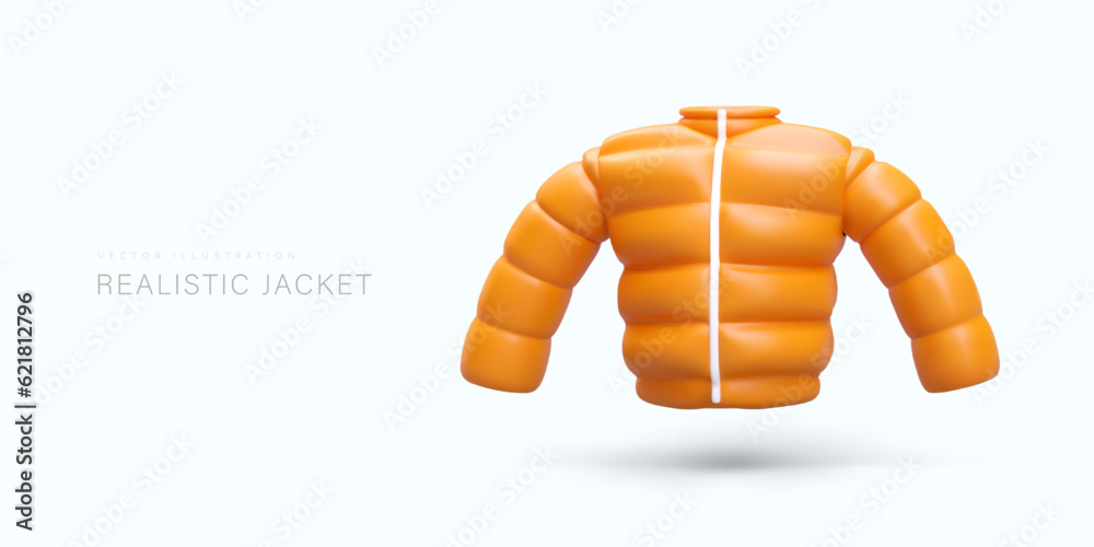 Canvas Prints Realistic jacket in cartoon style. Brown puffer jacket. Vector image on light background with text. Header for product category. Advertising concept of outerwear