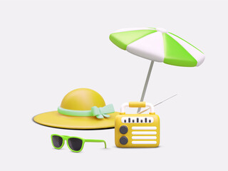 Resting outside on sunny day. 3D beach umbrella, women sun hat, sunglasses, radio. Lazy leisure. Color vector poster. Concept of safe recreation in park, forest, on shore