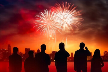 Fototapeta premium Silhouette of a group of people watching fireworks on the background of the city. Generative AI.