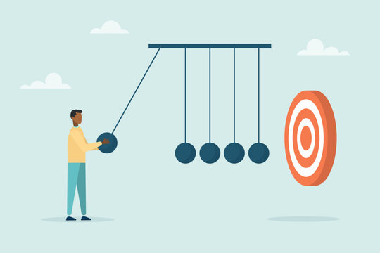 A young guy uses a newton's cradle to hit the target, the impact on success. The concept of achieving the goal. Vector flat style illustration.

