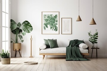 Design sofa, tropical plant, pillows, blanket, gramophone, and mock up picture frames are all featured in this stylish Scandinavian white room. Modern living area with white walls and brown oak parque - obrazy, fototapety, plakaty