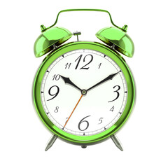 Alarm clock, vintage style green metallic color clock with black hands.