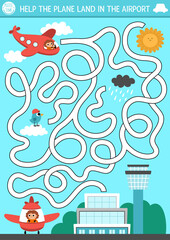Transportation maze for kids with city landscape and airplane. Urban transport preschool printable activity. Labyrinth game or puzzle with aircraft and pilot. Help the plane land in the airport.