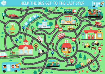 Transportation maze for kids with city landscape, cars, passengers, places. Urban transport preschool printable activity. Labyrinth game or puzzle with roads, rails. Help the bus get to last stop.
