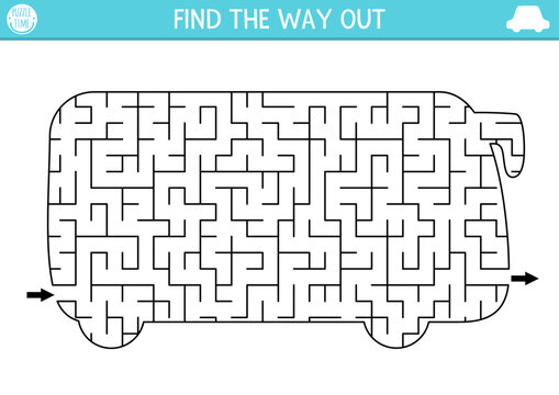 Transportation geometrical maze for kids. Preschool printable activity shaped as bus. Simple city public transport labyrinth game or puzzle for children.