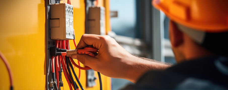 Electrician installing electric cable, generative ai