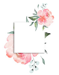Watercolor figures on a white background. White card with peonies background. Retro futuristic aesthetics of the 2000s.