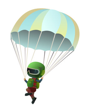 Skydiver flying down sky. Free float. Cartoon style character. Isolated on white background. Parachute opened. Vector picture