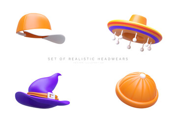 Set of realistic headwear. Isolated vector image. Baseball cap, sombrero with pendants, pointed witch hat, beanie hat. Daily and festive hats. Icons for marking products