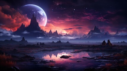 Fototapeta premium Fantasy cosmic landscape with mountains, lake, hilly terrain on the background of stars and moon the sky. AI illustration. Fantasy saturated colors landscape with river, forest and mountain at night.