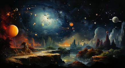 Fantasy landscape with planets, stars and galaxies in the night sky, AI generated illustration.
