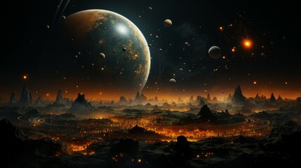 Fototapeta na wymiar Magical planet with a red-hot surface with a large glowing moon in the sky. Fantasy landscape with mountains at deep night, 3d AI render. Beautiful night landscape on a Mysterious planet.