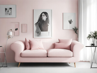 Modern Living Room Interior with Stylish Sofa in Lovely Pink Color and Wall-Mounted Portrait Frame & Light Pink Wall, 8k