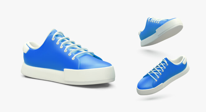 Cartoon realistic 3d gumshoes in various positions. Modern poster with sneakers for store selling sporty shoes. Vector design in blue and white colors in cartoon style
