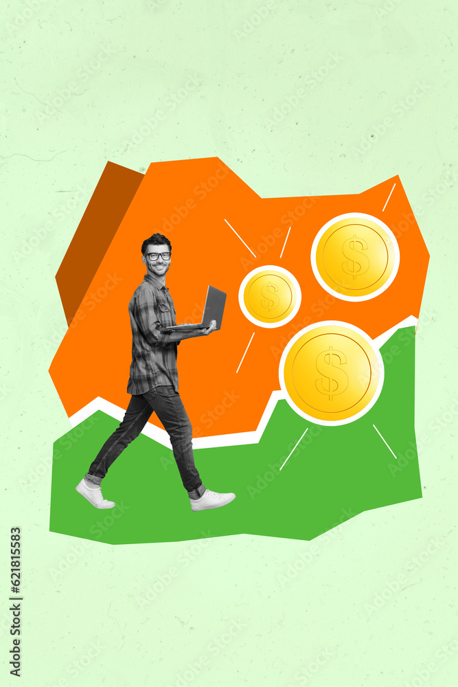 Aufkleber sketch artwork collage of hardworking successful guy use netbook earn money increase budget capital 