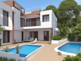 Modern house on sea shore. AI generated illustration