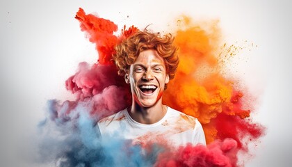 Happy redhead boy smiling in a cloud of colorful smoke and powder on a white background, having fun, colors, LGBTQ+, party, peace, inclusive, beauty, freedom. Generative AI.