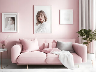 Modern Living Room Interior with Stylish Sofa in Lovely Pink Color and Wall-Mounted Portrait Frame & Light Pink Wall, 8k