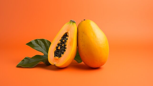 a papaya on orange pastel isolated background