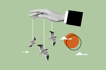 Image picture collage artwork poster of human hand made origami birds hang string flying air...