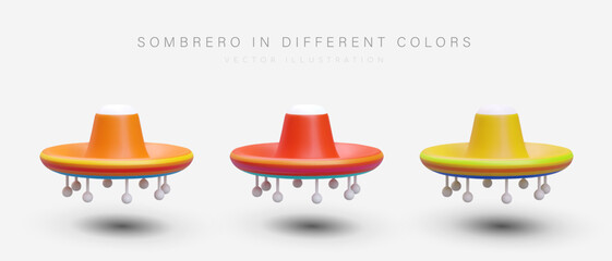Colorful 3d yellow, orange and red sombrero in different positions. Ad poster for campaign for souvenir store or touristic company. Sale of traditional element. Vector design in cartoon style