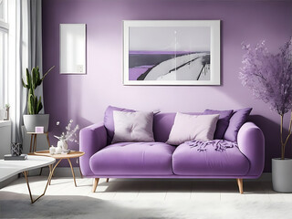 Modern Living Room Interior with Stylish Sofa in Lovely light purple-gray Color and Wall-Mounted Portrait Frame & Light purple Wall, 8k