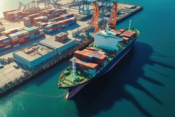 Aerial view of a cargo container ship. Fully loaded container ship against the background of a cargo terminal in a seaport, port cranes, railroads. Global freight logistics concept. 3D illustration. - obrazy, fototapety, plakaty
