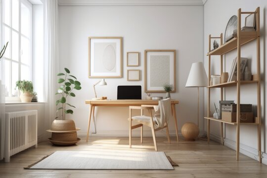 Corner view of a light filled living room with a barren poster, a desk, a laptop, a chair, a bookshelf, and a large window. Scandinavian minimalism design idea for academic use. a mockup. Generative