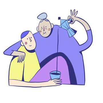 A granny is pouring Italian coffee in the cup of a young man