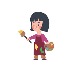 Artistic child with paintbrush and palette, cartoon flat vector illustration isolated on white background.