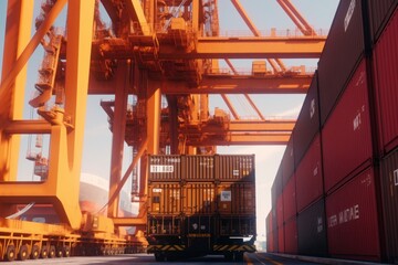 View from the ground to a huge port crane. Loading containers from a railway platform onboard a container ship. Global cargo transportation and logistics concept. 3D illustration.