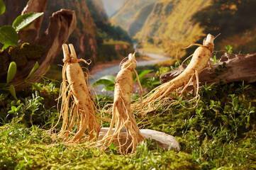 Several ginseng roots are decorated on a lot of green leaves with natural background. Ginseng...