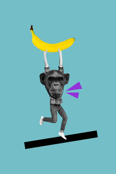 Vertical advert retro collage banner of energetic unusual character hang big yellow banana sweet fruit isolated on blue painted background