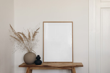 Vertical wooden frame mockup for artwork, photo, print and painting presentation. Black and beige...