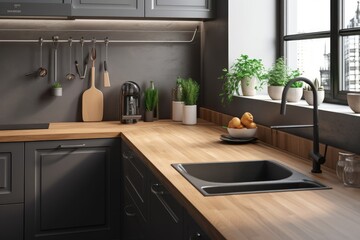 Corner sink in a gray kitchen with a little window, wooden surfaces. close up a mockup. Generative AI