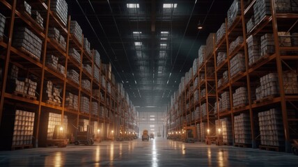 Fototapeta premium Large industrial warehouse. Tall racks filled with boxes and containers. Boxes on pallets. Forklift in the aisle. Daylight fills the room through the windows. Global logistic concept. 3D illustration.