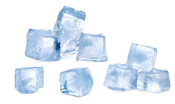 ice cubes with hoarfrost before melted isolated on white background.