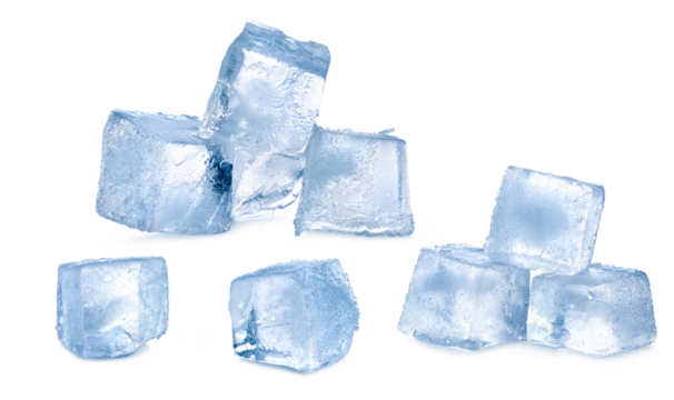 ice cubes with hoarfrost before melted isolated on white background.