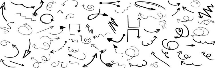 Charcoal hand drawn pencil arrows. Hand drawn black charcoal symbols for hand drawn diagrams. Vector doodle marker drawing