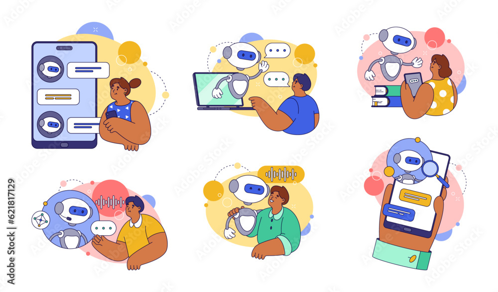 Fototapete Virtual assistant in smartphone or laptop. Vector flat chatbot application communicating with owner. Artificial intelligence software for helping clients. Technological advancement