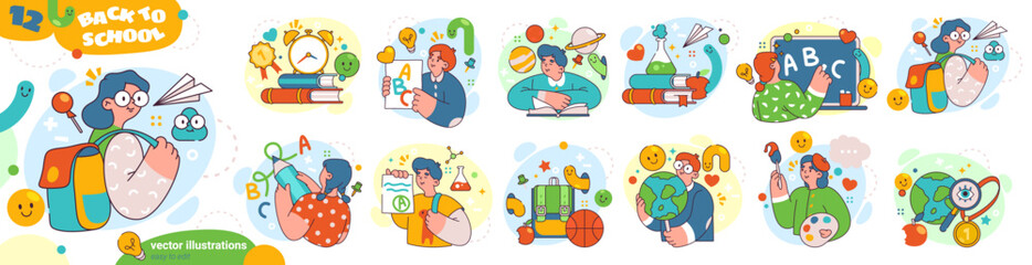 School time for students with books and backpacks going to classes. Vector flat characters learning and studying disciplines, obtaining knowledge in university or college, cartoon set