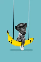 Foto op Aluminium Vertical composite collage illustration of funny surreal monkey primate hanging swing banana eat organic food isolated on blue background © deagreez